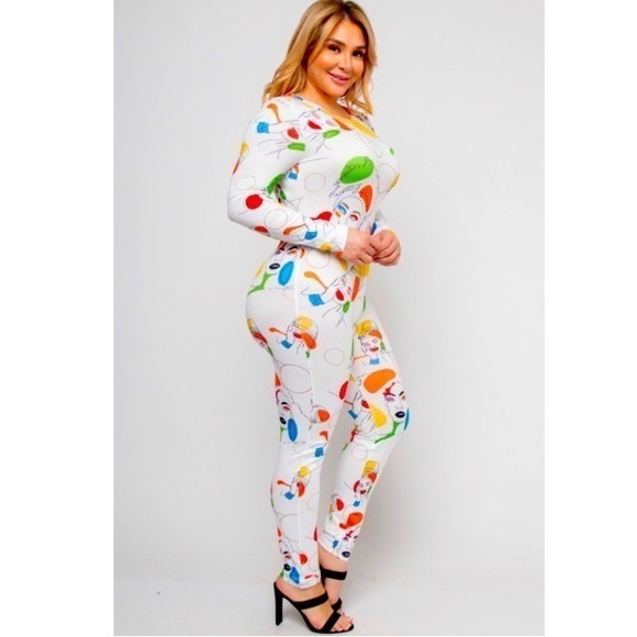 WHITE ROUND NECK LONG SLEEVE JUMPSUIT WITH FACE PRINT 2023 styles - Picture 2 of 5
